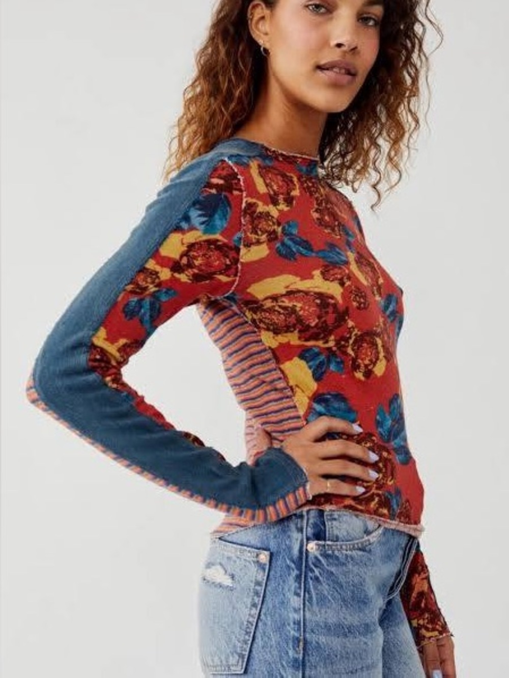 WE THE FREE Fabulous Mash Up cotton lightweight long sleeve sweater raw hem boho
